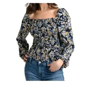 Cupcakes And Cashmere floral smocked square neck Top Sz M puff sleeves Milkmaid